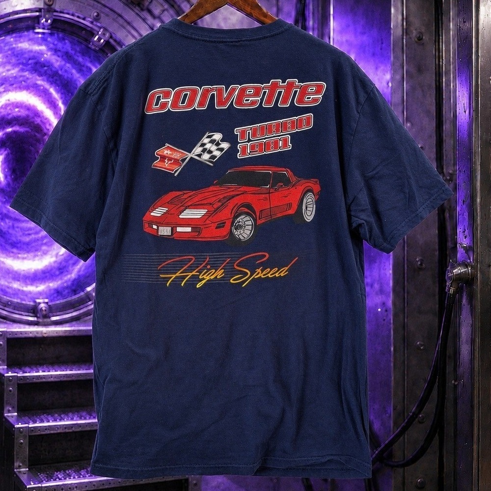 Chemistry Corvette Turbo 1981 Graphic Tee Navy Blue Mens Large Racing Shirt